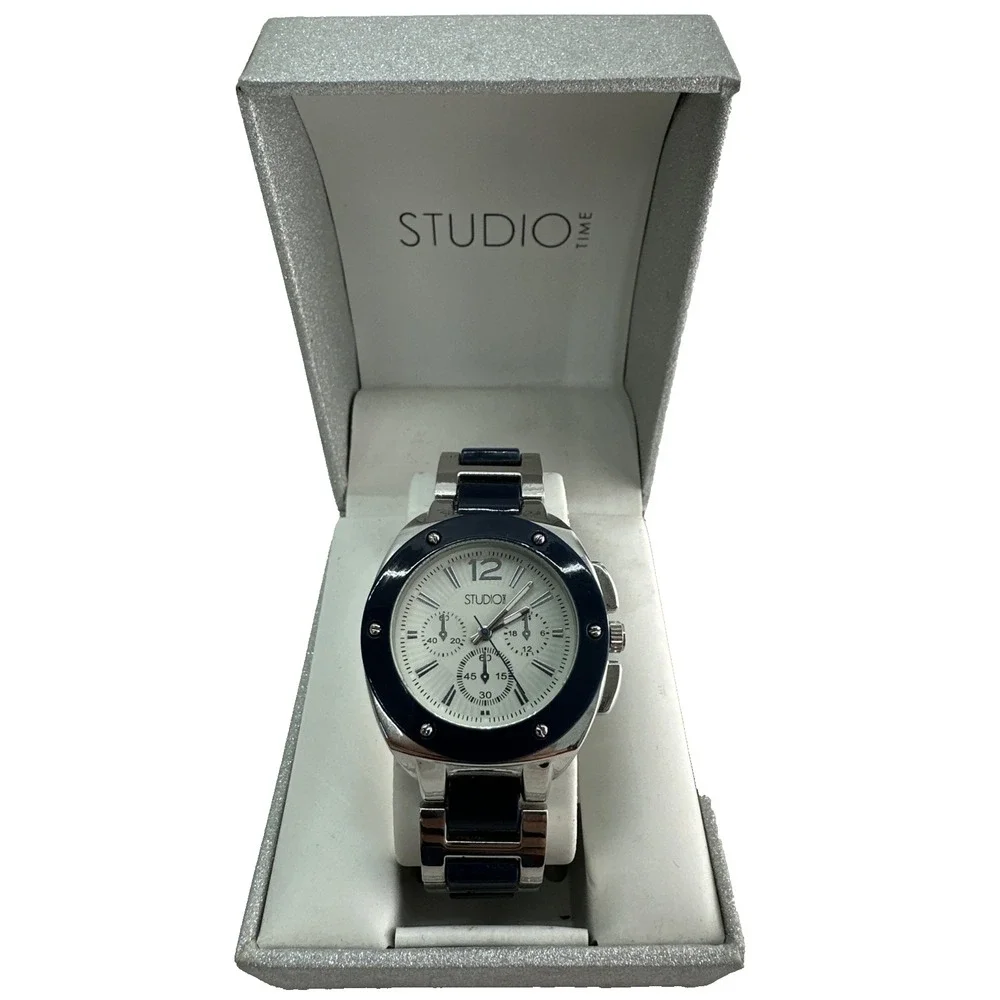 Studio Time Women's Watch Silver Tone Navy Blue Accents 40mm New Battery VG